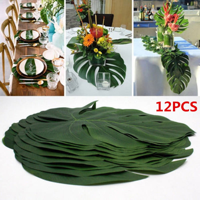 12PCS Artificial Tropical Palm Leaves Plastic Silk Fake Leaves Room Decor Green 