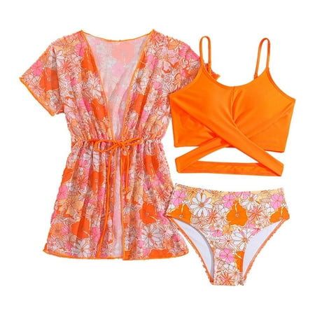 QWIED Swimsuit for Girls Children s Summer Fashion Floral Three Piece Bikini Suit Crisscross Vest Top High Waisted Brief with Sun Protection Short Sleeved Robe Swim Suit Size 11-12