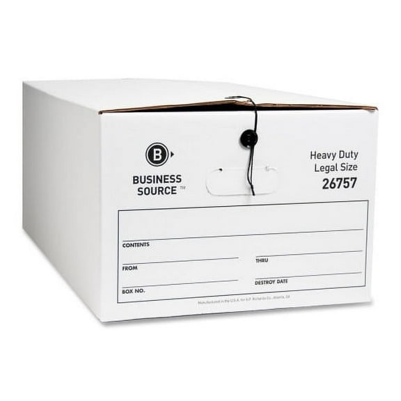 Business Source Heavy Duty Legal Size Storage Box External Dimensions: 15" Width x 24" Depth x 10"Height - Media Size Supported: Legal - String/Button Tie Closure - Medium Duty - Stackable - White - F