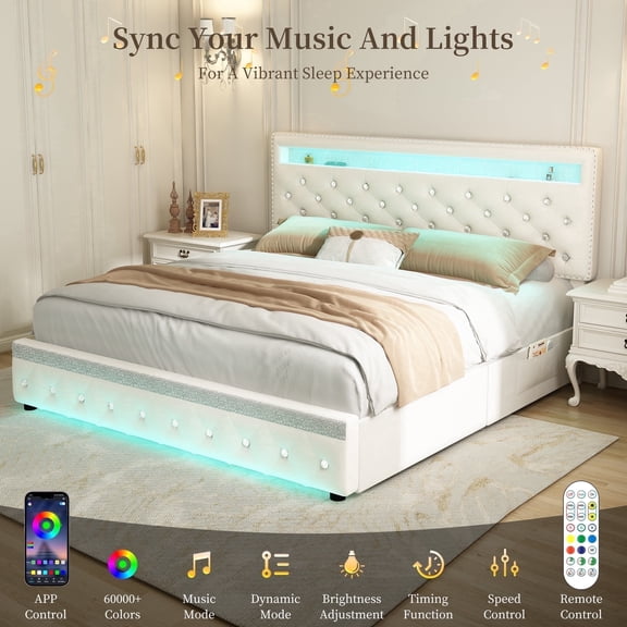 SIBEDS Full Bed Frame with Upholstered Storage Adjustable Headboard, Platform Bed Frame with LED Lights and 2 Drawers, Velvet Cream