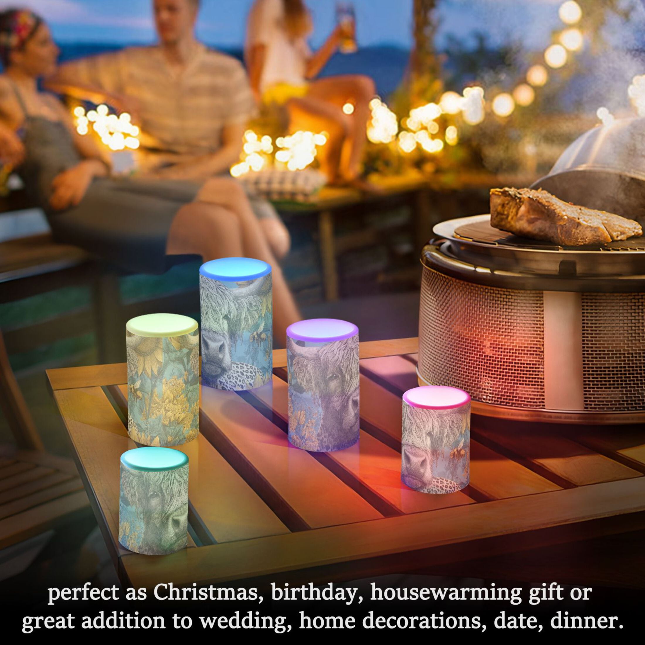 Highland Cow with Leopard Print Sunflowers Flickering Flameless Candles LED Tealight Battery Operated with Remote Set of 2 Holiday Decor Ornaments