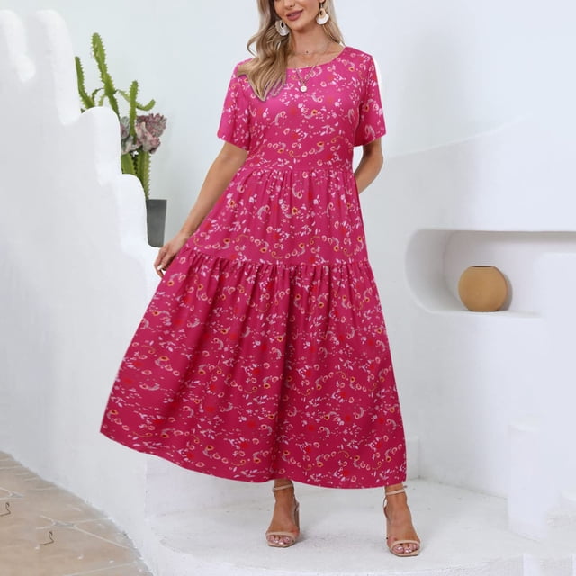 WILLBEST et Femmes Femmes Décontracté Ample Bohème Robe Florale avec Poches Manches Courtes Longue Maxi Été Plage S Robe