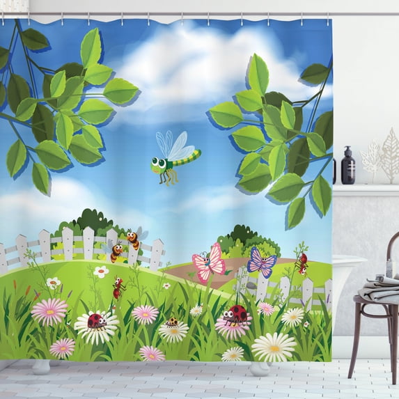 Ambesonne Flowers Insects Shower Curtain, Spring Scene, 69"Wx84"L, Azure Blue Multicolor