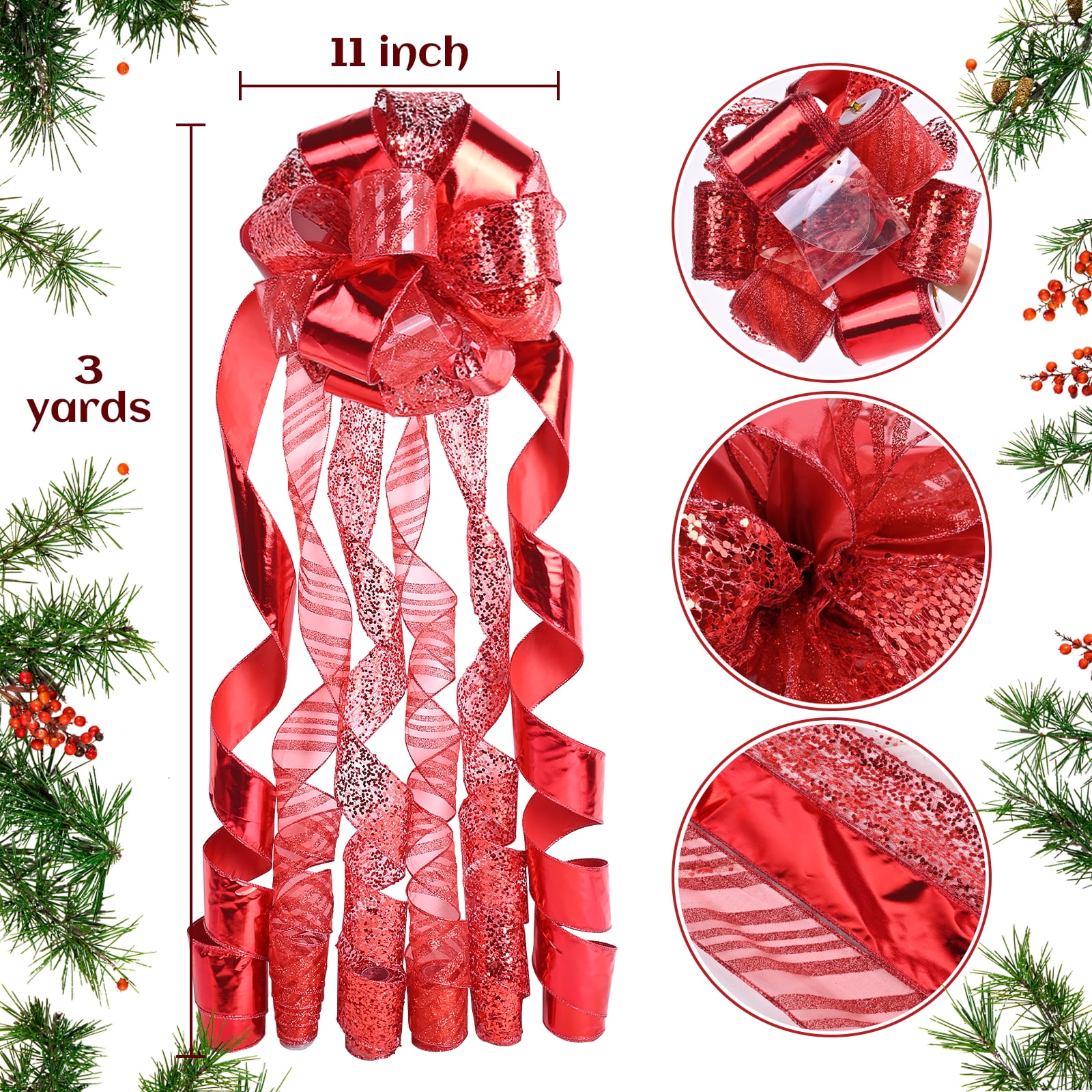 LoomJoyz 11 Inch Red Glitter Christmas Tree Topper Bow - 3 Yards Ribbon Streamer Tails Holiday Decor