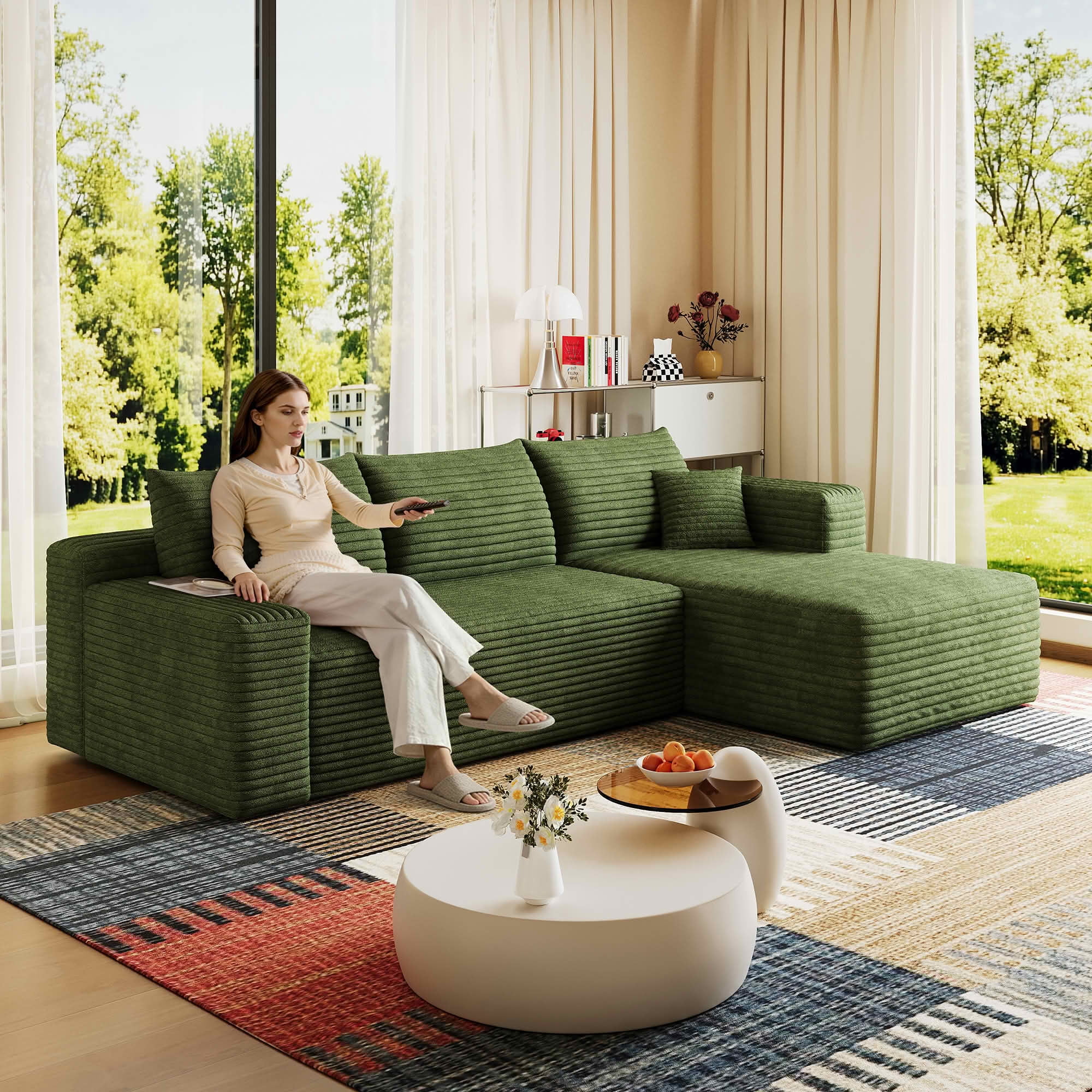 MAYEERTY 95 Inch Cloud U Shaped Sectional Sofa, Plush Corduroy Deep Seat Corner Couch, No Assembly Modern Minimalist Sofa for Living Room Apartment