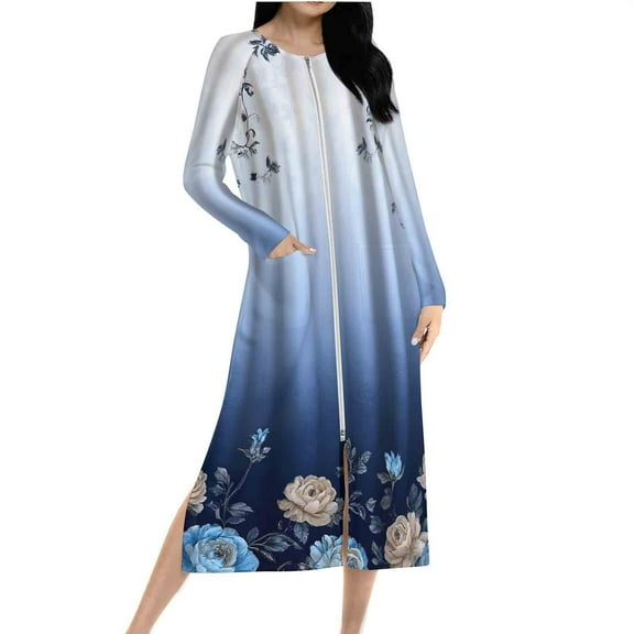 Gradient Robes for Women Flower Graphic Zipper Front Bathrobe Long Sleeve House Coat Long Nightgown With Pockets Soft Loungewear