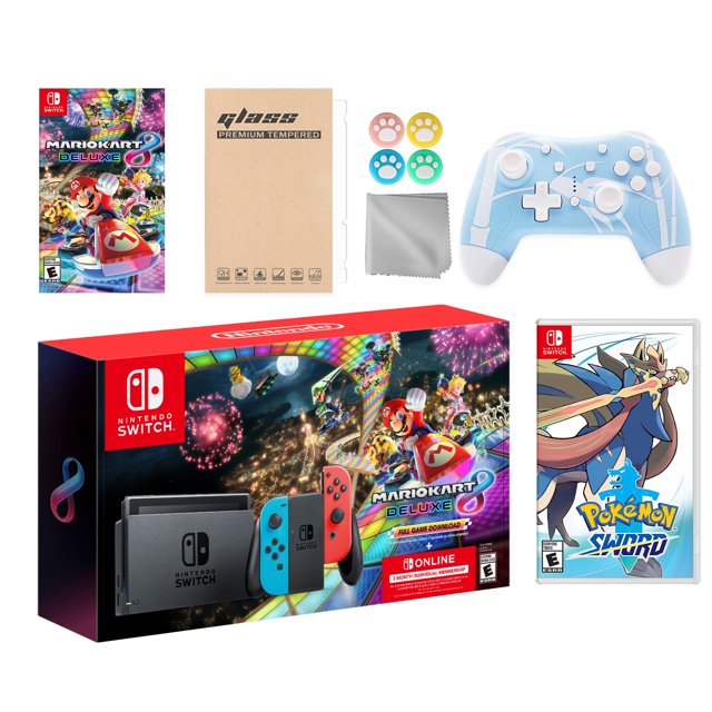 Nintendo Switch Mario Kart 8 Deluxe Bundle: Red/Blue Console, Mario Kart 8 & Membership, Pokemon Sword, Mytrix Wireless Pro Controller Blue Bamboo and Accessories
