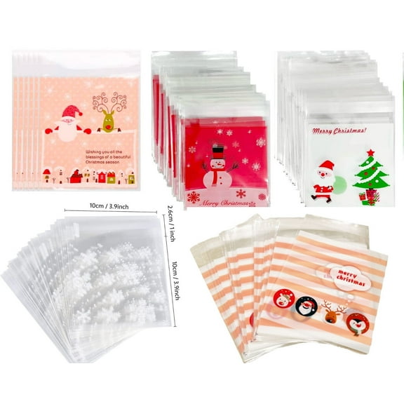 Charmed Printed Self Adhesive Christmas Plastic Cookie Treat Bags 4"x4" Randomly Mix of 100 Counts