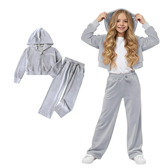 Sweat Suits for Girls Velour Grey Tracksuit Kids Zip Up Cropped Hoodie and Sweatpants Set Girls Clothes Size 5-6 Years
