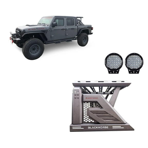 Black Horse Armour II Roll Bar W/Basket Incl.Set of 9 Black Round LED Light Black Compatible with 2019-2024 Jeep Gladiator-AR2-09BA3-PL69B