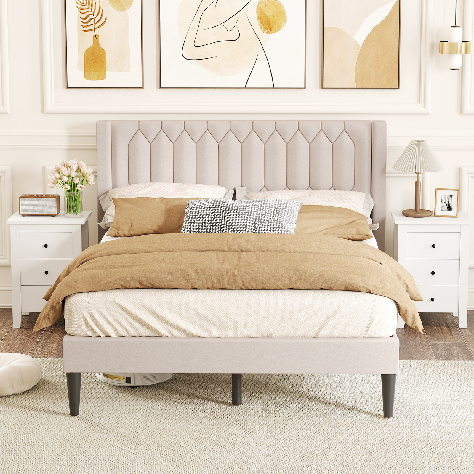 Gymax Queen Size Bed Frame Dutch Velvet Upholstered Platform Bed w/Wingback Headboard Beige