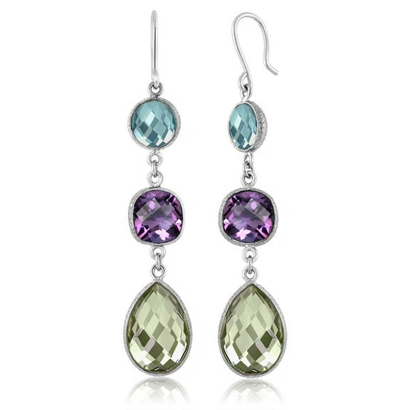 Gem Stone King Dangle 925 Silver Earrings Multi Shape Sky Blue Topaz Purple and Green Amethyst