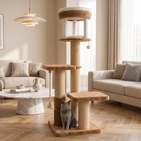 Dreischwarz 65-in Cat Tree with Self-Groomer, Removable Cat Bed and Padded Jumping Platforms, Coffee