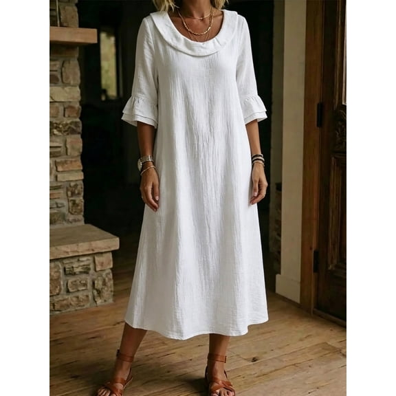 Ayolanni Cotton Fall Dresses for Women 3/4 Sleeve Crew Neck Ankle-Length Solid Maxi Shift Dress Comfy Daily Lightweight Sundress White L