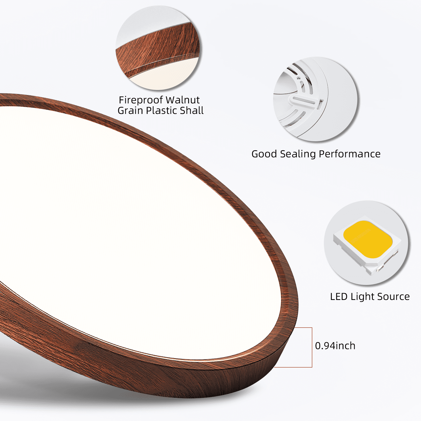 HEYAN Walnut Wood Flush Mount Ceiling Light Fixture,12 Inch Dimmable LED Ceiling Light with 3000K-4000K-6000K Selectable Flat Low Profile Round Ceiling Lights for Bedroom Hallway Laundry (1 Pack)