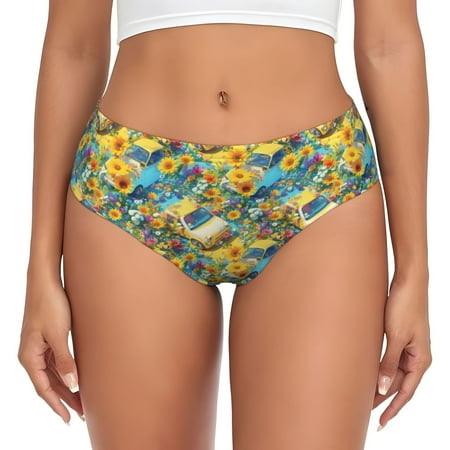 yellow car colorful sunflower Womens Briefs Underwear  No Show Seamless Underwear for Women  Soft Stretch Women s Panties  Classic Hipster Panties Bikini Underwear Briefs for Ladies