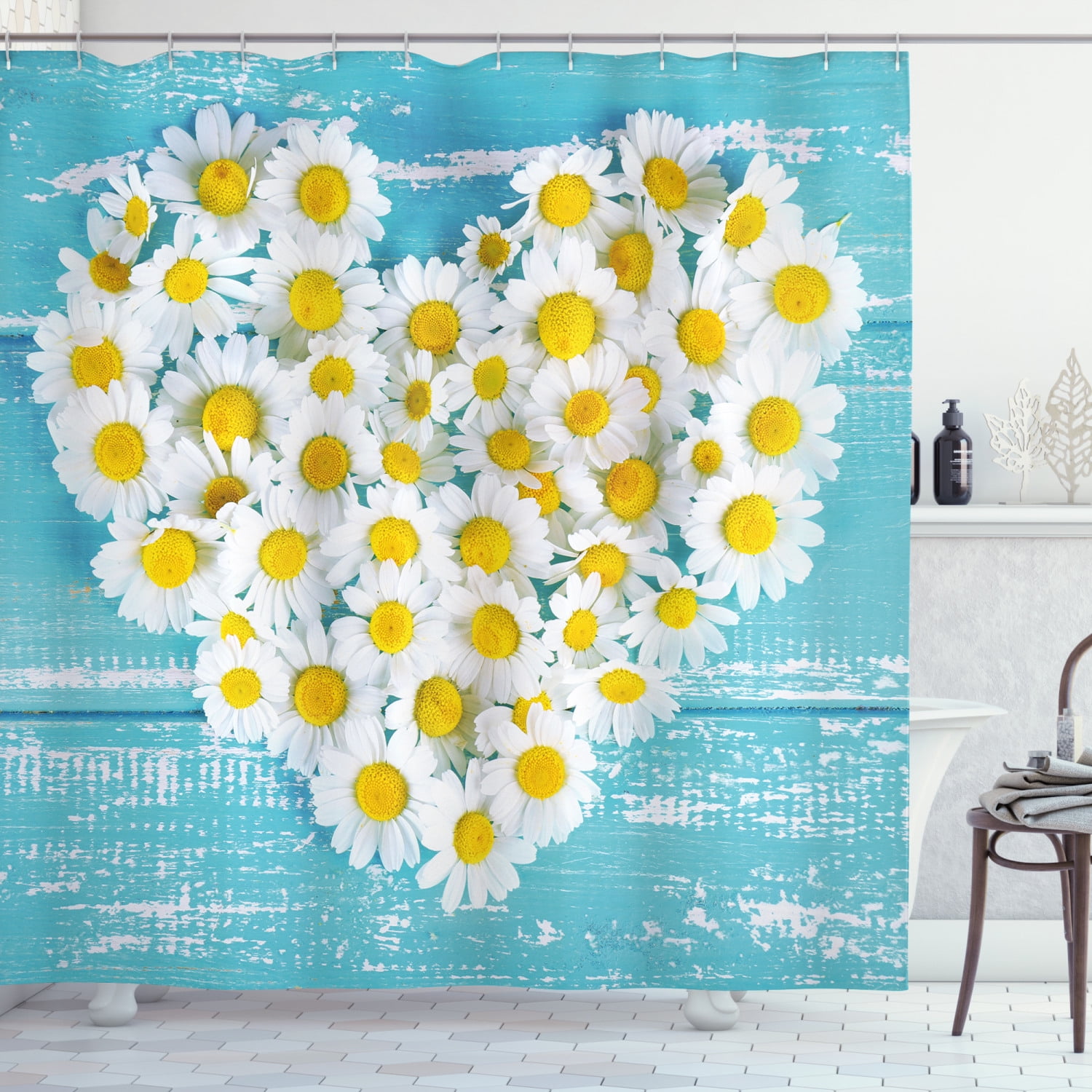 Flower Shower Curtain Bees Daisies Chamomile Print for Bathroom 