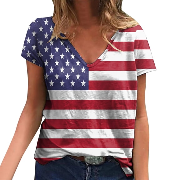Bainana 250th Anniversary USA Shirts For Women American Flag Print Short Sleeve V Neck T-Shirt Ladies 4th Of July 250 Years Birthday Patriotic Tops Red Size L