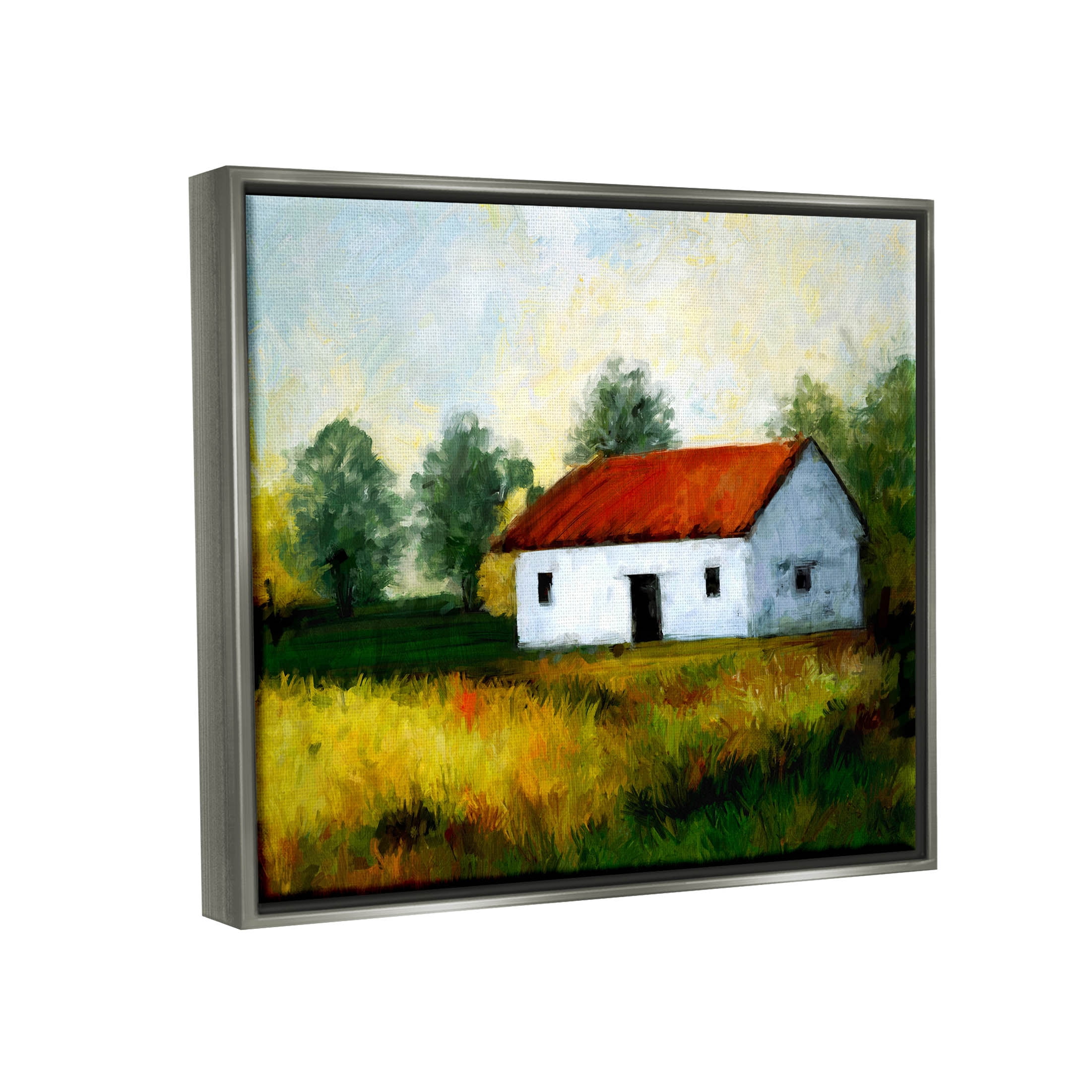 Stupell Industries Countryside Meadow Cottage Landscape Painting Luster Gray Floating Framed Canvas Print Wall Art, Design by Ziwei Li