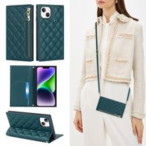 Feishell Crossbody Bag Wallet Case for iPhone 14 Plus,Shockproof Luxury PU Leather Zipper Pocket Magnetic Closure Folio Card Slot Flip Kickstand Phone Case with Shoulder Strap,Green