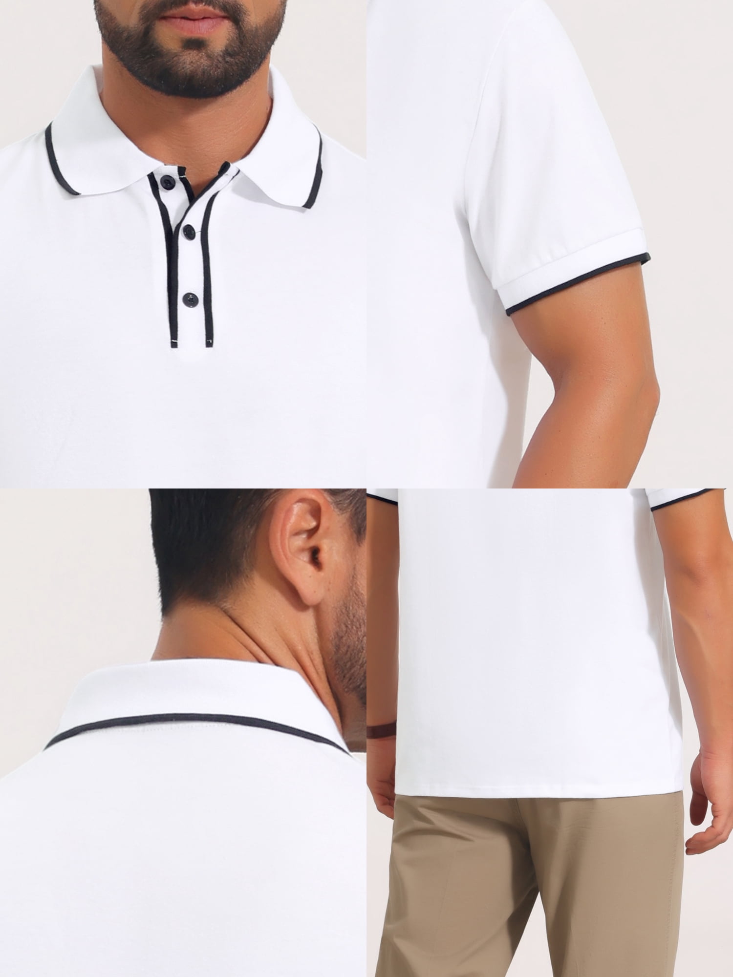 DARING DIVA Men's Contrast Trim Short Sleeve Button Closure Polo Shirts L White