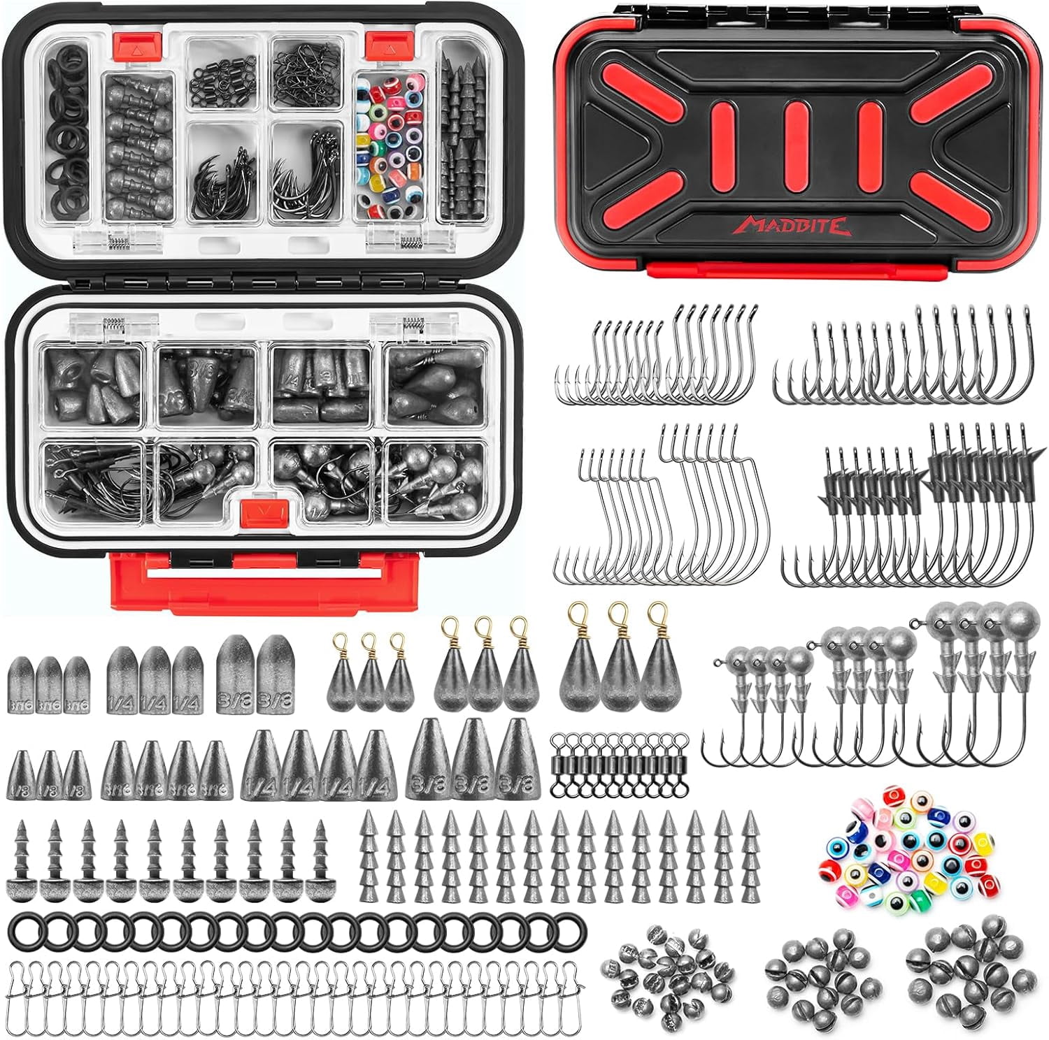 MadBite by KastKing 265pcs Compact Fishing Tackle Kit - Freshwater Hooks, Weights, Bobbers in Tackle Box, Fishing Gear Set