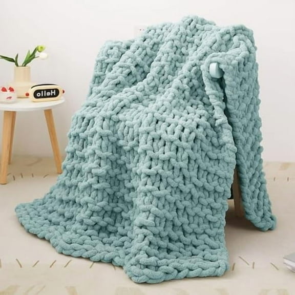 Chunky Knit Blanket 40"x50" Aqua Blue Soft Washable Chenille Throw Blanket Cozy 100% Handmade Crochet Blankets with Jumbo Chenille Yarn for Couch Bed Sofa Room Decor
