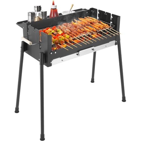 Outdoor BBQ Grill, Barbecue Wood Charcoal Grill with Stainless Steel, Folding Portable BBQ Tool Kits, 3-Gears Height Adjustment Standing BBQ Grill for Outdoor Hiking, Cooking Camping Picnics