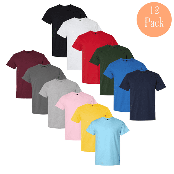 Gildan Men Crew Neck Light Cotton T-Shirt, Short Sleeve Assorted Color Modern Fit Tee, L, 12 Pack