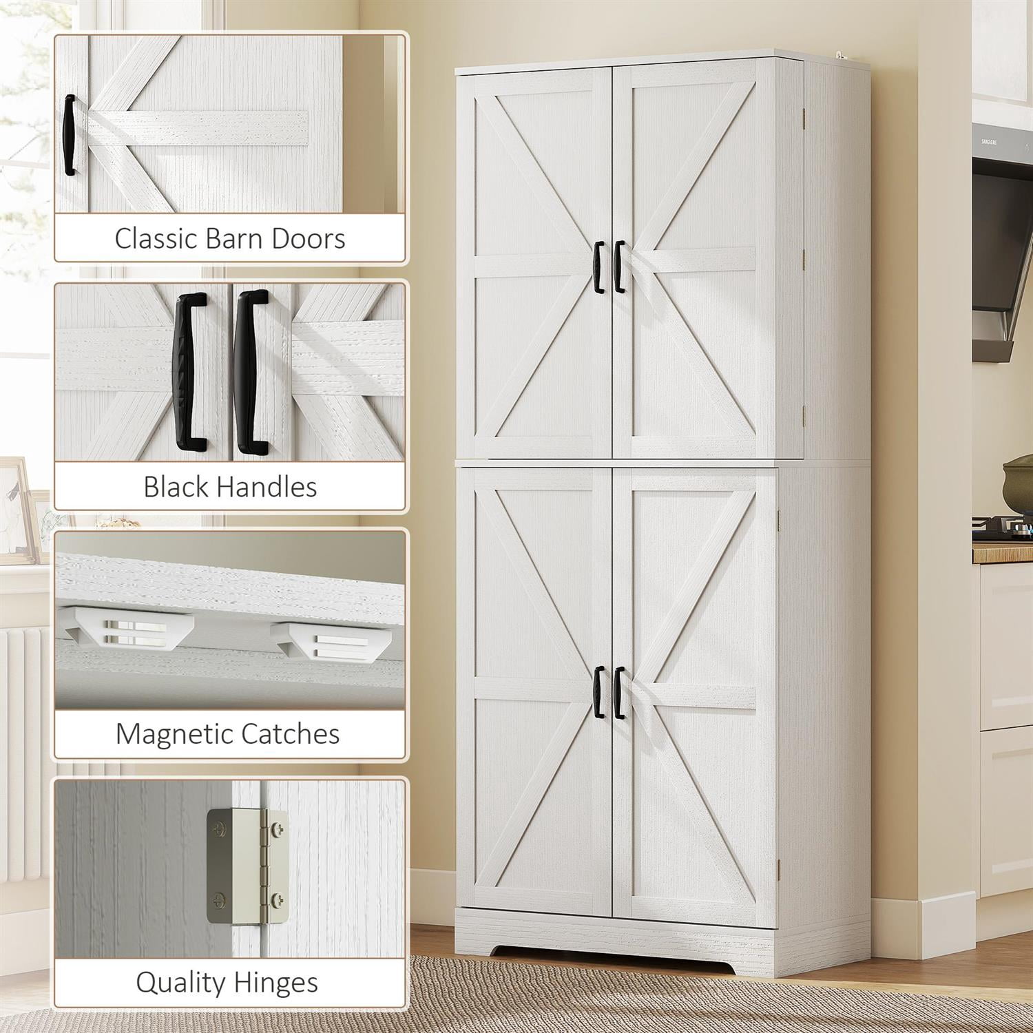 Demi Bonn 72" Tall Farmhouse Kitchen Pantry, Pantry Cabinet with 4 Barn Doors, 4 Adjustable Shelves and 8 Door Shelves for Home, Dining Room, White
