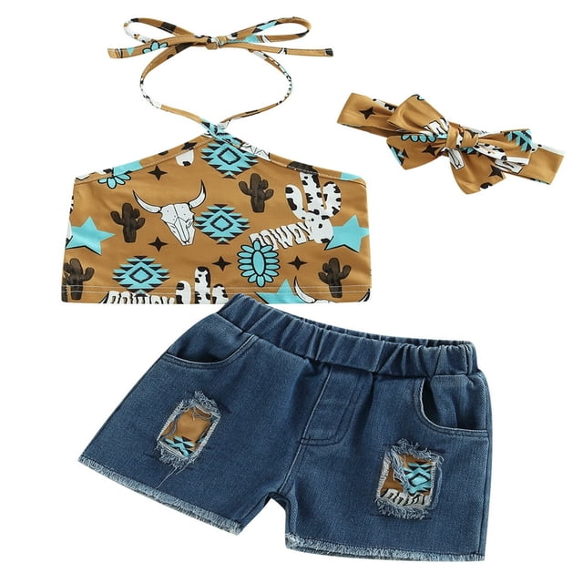 Western Baby Girls Letter Cow Print Halter Crop Tops Ripped Denim Jeans Shorts