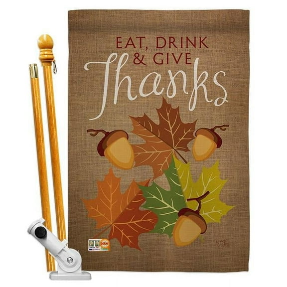 Breeze Decor BD-TG-HS-113052-IP-BO-D-US14-BD 28 x 40 in. Eat, Drink & Give Fall Thanksgiving Impressions Decorative Vertical Double Sided House Flag Set with Pole Bracket Hardware