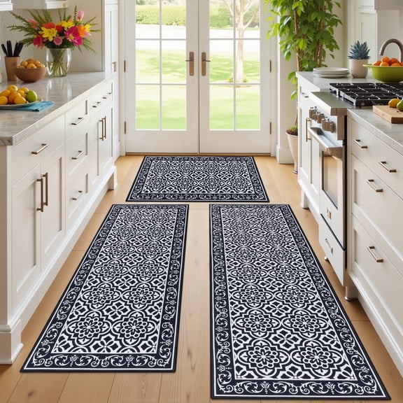 MeyJey Kitchen Rug Set 3 Piece, Non Slip Machine Washable Mats for Home Floor and Living Room, Black