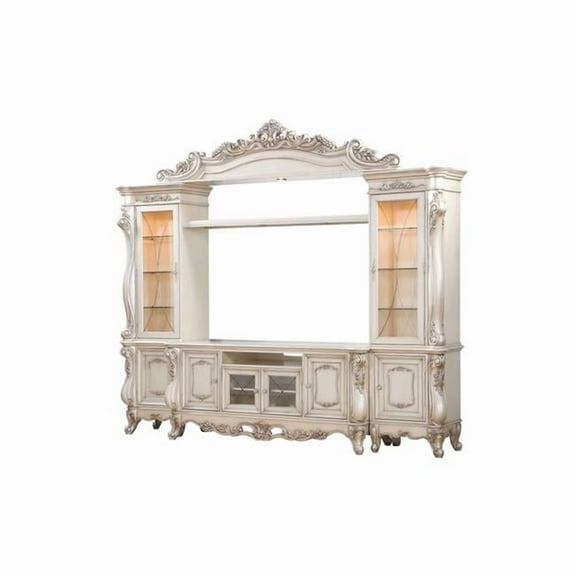 25 x 117 x 101 in. Antique White Wood Glass Poly-Resin Entertainment Center Credenza