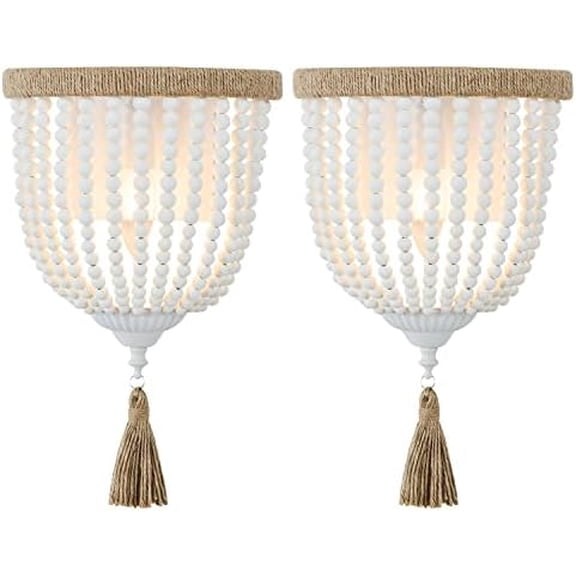 Boho Wood Beaded Wall Light, Hand-Woven Rope Farmhouse Bedside Wall Lamp, White Rustic Bohemia Wall Sconce Lighting Fixture for Bedroom,Hallway,Bathroom,Nursery,Entryway,Living Room,2 Pack