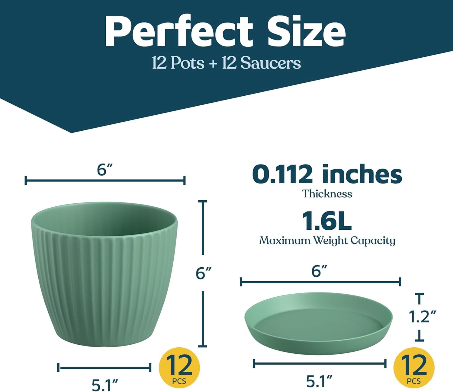 Mint 6-Inch Plant Pots with Drainage & Saucers 12 Pack, Indoor & Outdoor Planters for Houseplants, Herbs, and Flowers, Durable & Weatherproof Material, Stackable, Lightweight, Minimalist Design