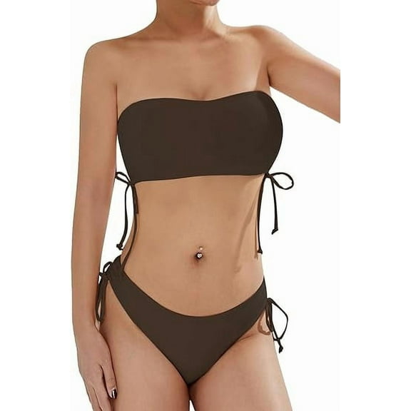 Scacto Women's Tie Side Ribbed Bandeau Bikini Set. Coffee, L (Women's)