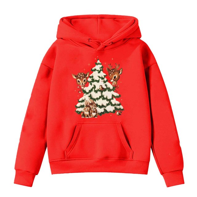 PMVFHDE Chandails à Capuchon et Chandails pour Filles Chandail Rétro de Noël avec Renne Haut Mignon Col Rond Chandail de Groupe Familial Tenue Preppy Rouge, 3-4 Ans