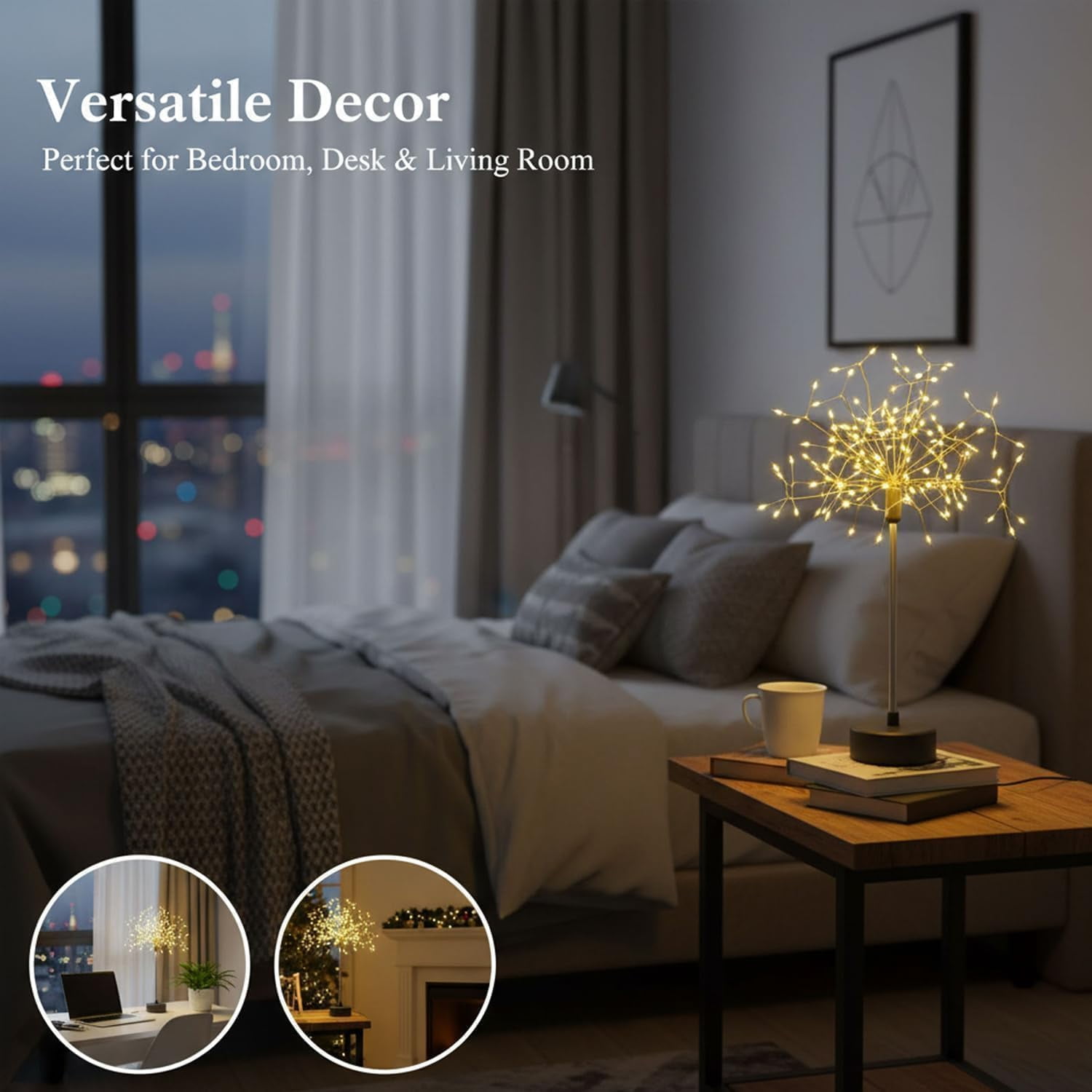 Mini Table Firework Lights, 100LED Dandelion Table Lamp with Warm Starburst Fairy Lights, Battery Operated Fireworks Table Light for Christmas Party, Bedroom, Home Décor, Holiday Table Centerpiece