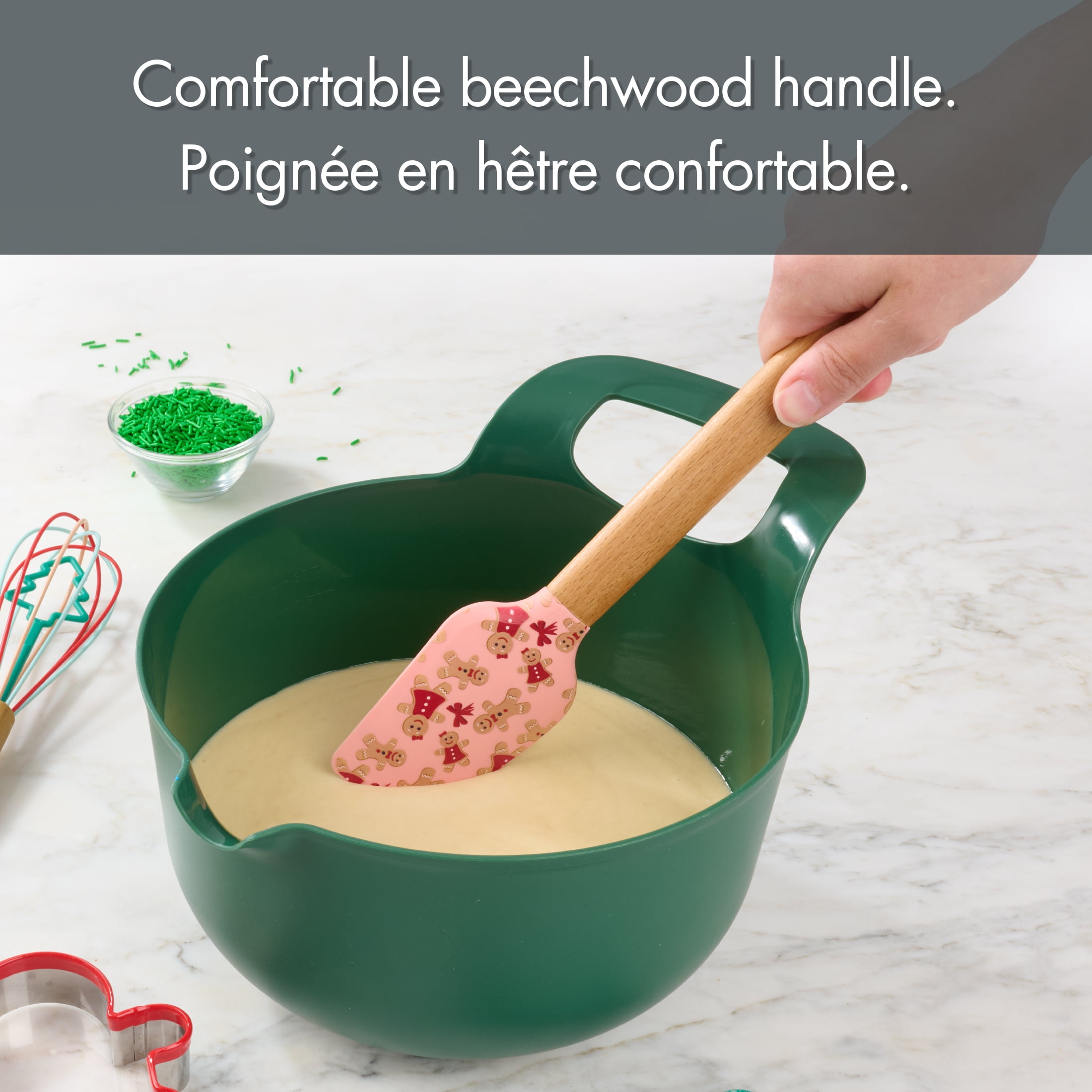 Holiday Time Silicone and Beechwood Spatula, Gingerbread Cookies, Pink