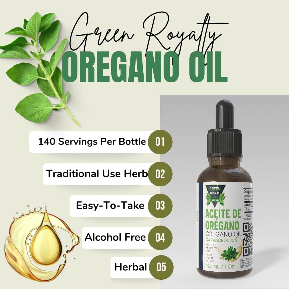 Green Royalty Oregano Oil 1oz – 75% Carvacrol Concentrate – Natural Herbal Supplement – 2 pack