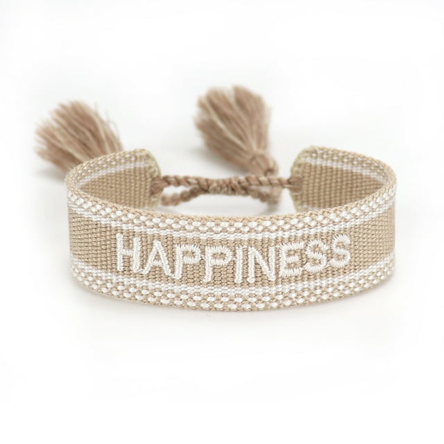 kurtrusly Bracelets Adjustable Handwoven With Embroidered Character Detail Manual Edge Locking Adjustable Rope Khaki happiness