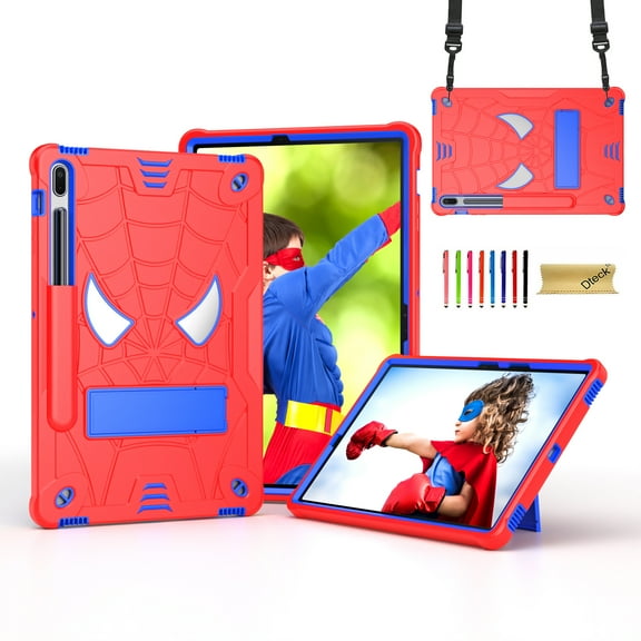 TECH CIRCLE for Samsung Galaxy Tab S9 Plus, S8 Plus, S7 FE, S7 Plus (12.4") 3-Layer Rugged Shockproof Case with Shoulder Strap, Built-in Kickstand, S Pen Holder, Cute Spider Tablet Cover, Red Blue