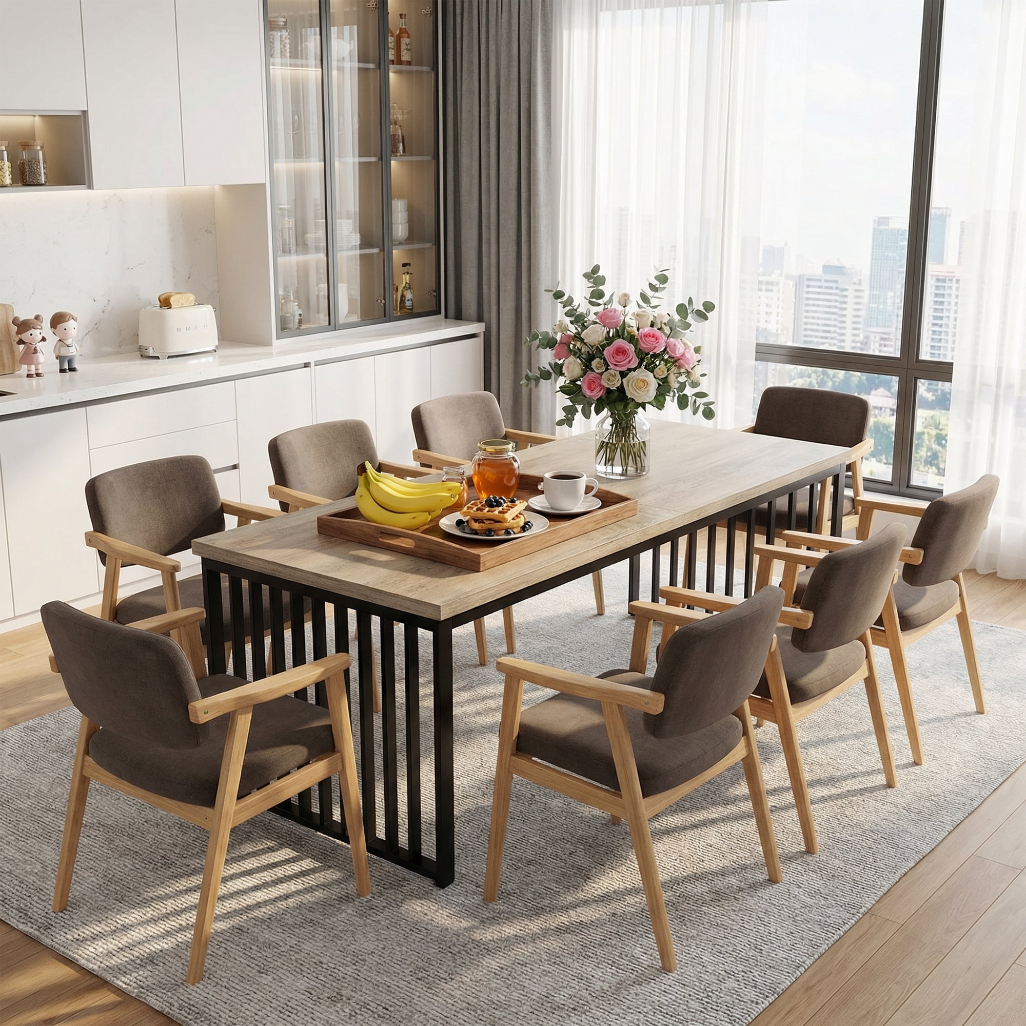 MAYEERTY 78.74 Inch Rectangular Industrial Dining Table, Rustic Wood Grain Kitchen Dinner Table with Black Metal Frame for 6 to 8 People