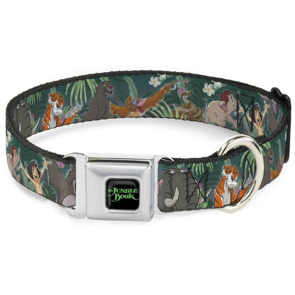 Disney Pet Collar, Dog Collar Metal Seatbelt Buckle, The Jungle Book 8 Character Group Greens, 13 to 17 Inches 1.5 Inch Wide