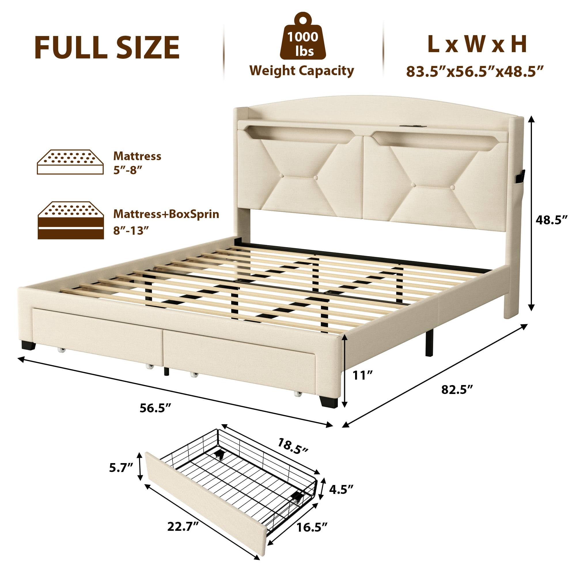 BSHTI Beige Linen Twin Bed Frame with Under-Bed Storage Drawer – Sturdy Platform Bed Base, No Box Spring Needed – Upholstered Frame for Bedroom, Guest Room, Small Space