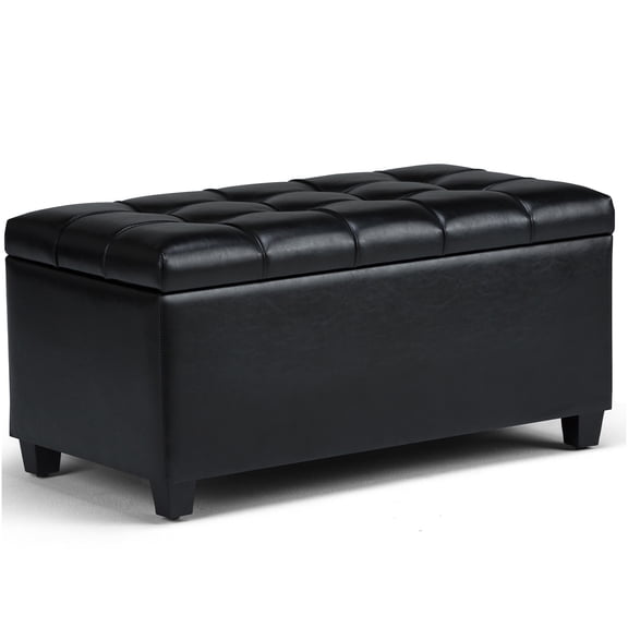 Midnight Black Faux Leather Storage Ottoman Bench with Tufted Design for Living Room