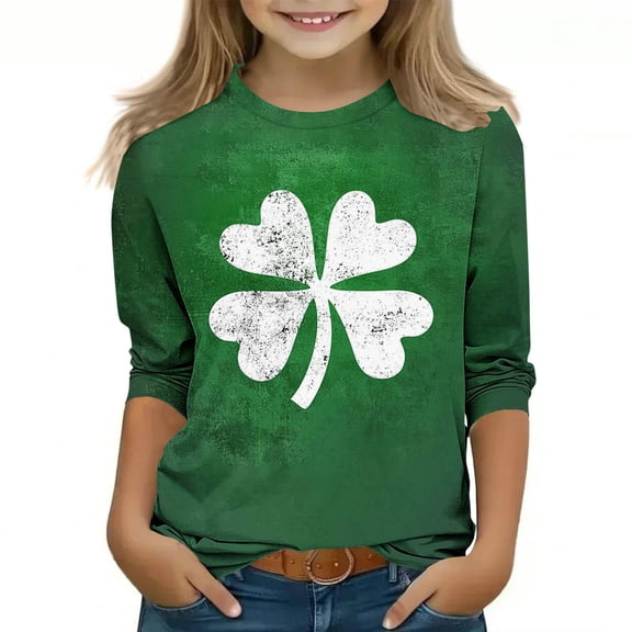 Girls St Patrick's Day Long Sleeve Shirt, Distressed Four Leaf Clover Graphic Tee, Soft Stretch Fit for Kids to Big Kid 3-13 Years,Size 9-10T