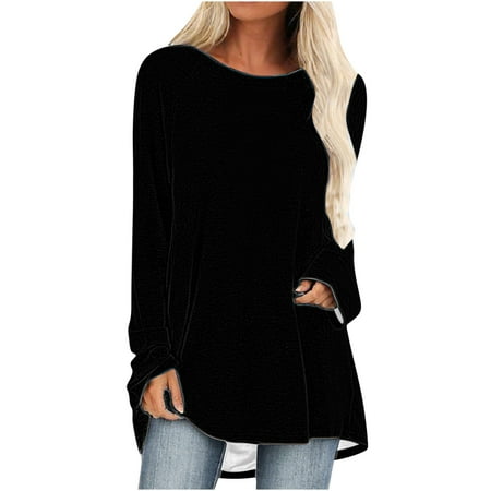 Frostluinai Fall Clothes For Women 2022 Sweaters Plus Size Tunic Top For Women Casual Gradient Printed Long Sleeve Crewneck Buttons Side Tops Irregular Pullover Blouse Tops