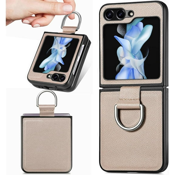 for Samsung Galaxy Z Flip 5 Case, PU Leather Protective Cover with Ring Flip Phone Case Samsung Galaxy Z Flip5 ZH Beige